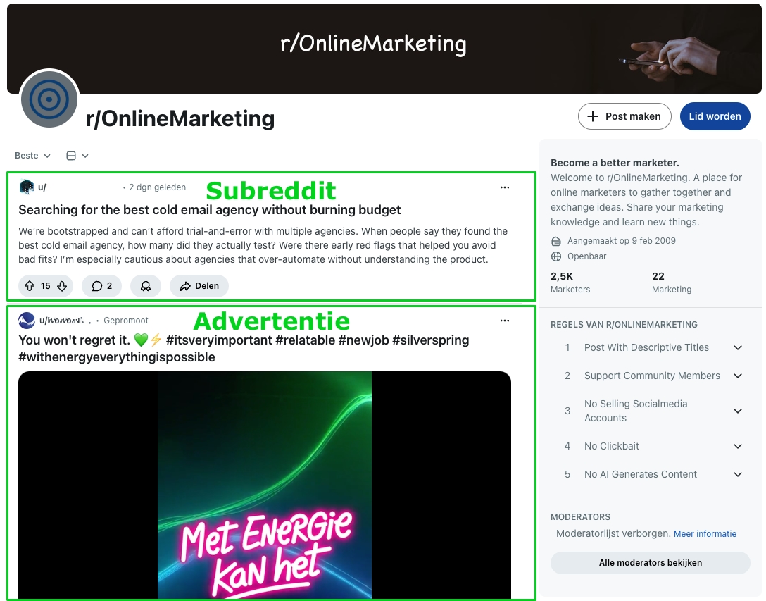 Voorbeeld van een subreddit pagina